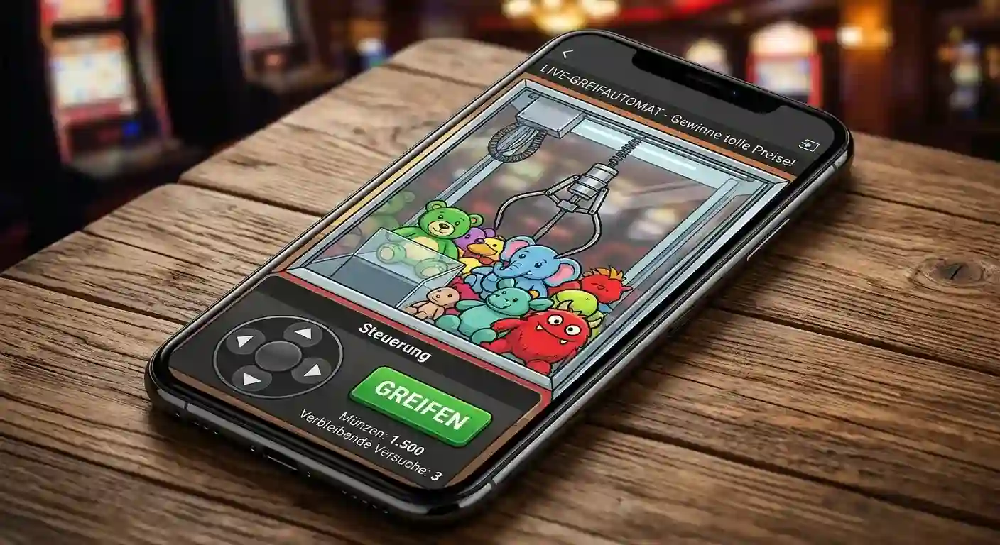 Smartphone zeigt Greifautomat-Funktion mit Touch-Steuerung in mobiler Casino-App