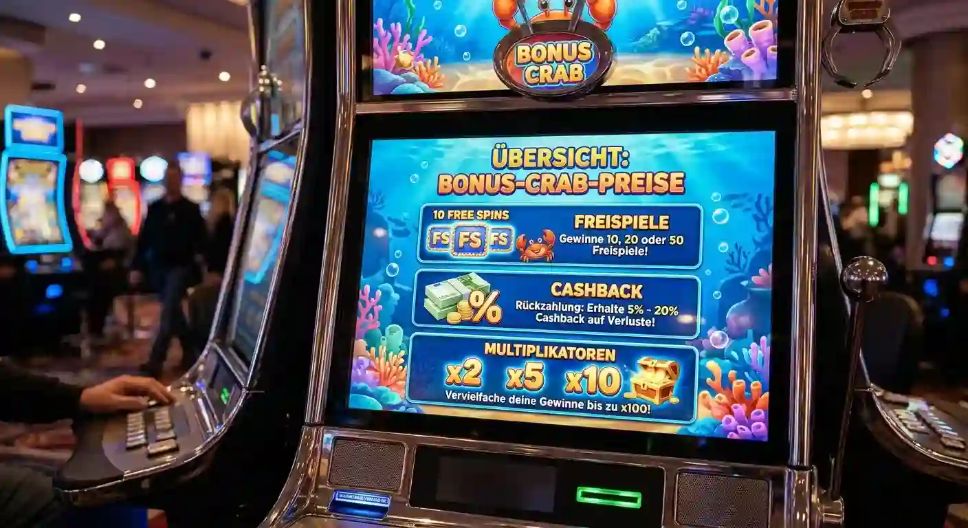 Übersicht der gewinnbaren Bonus-Crab-Preise wie Freispiele, Cashback und Multiplikatoren