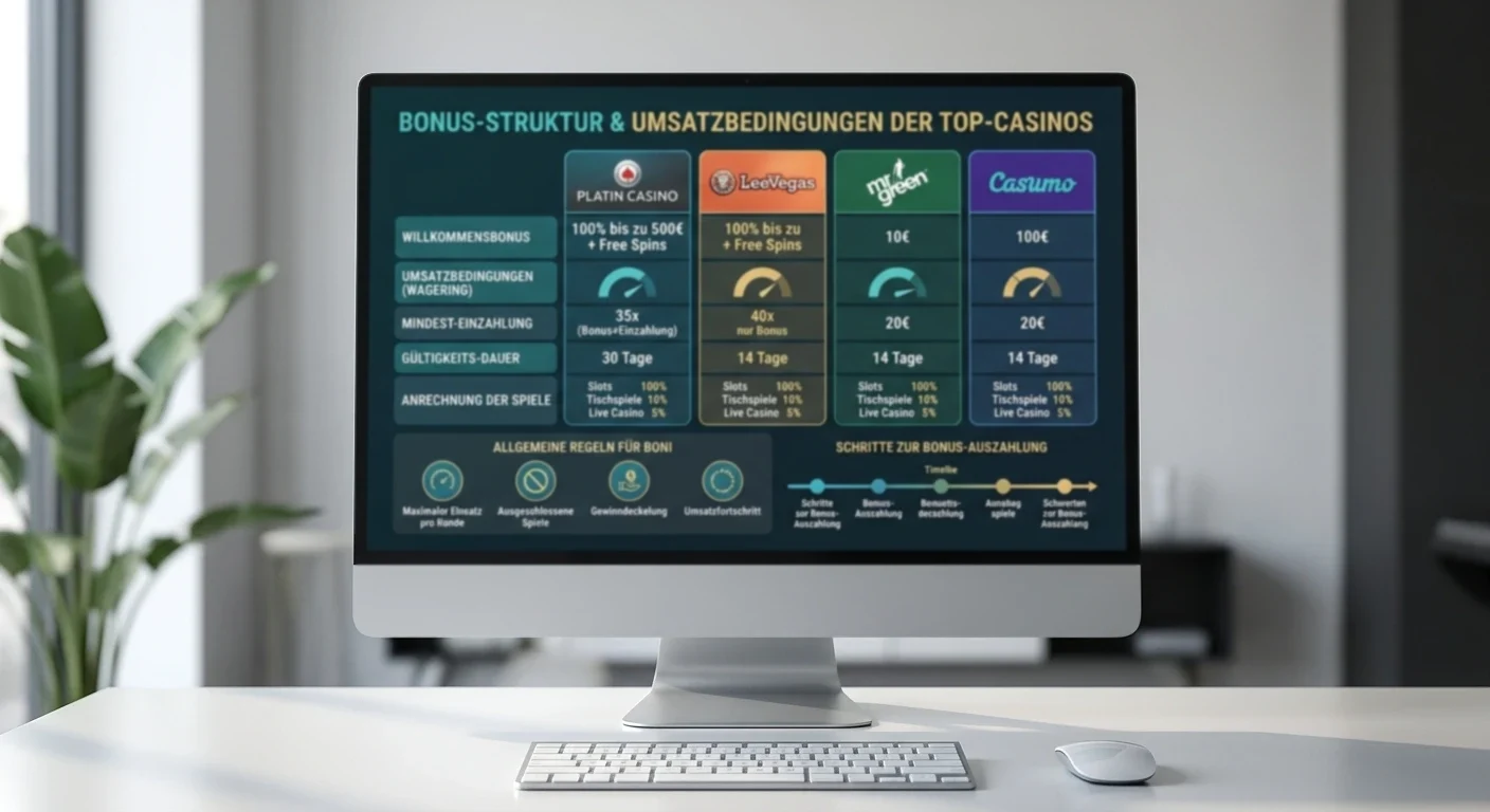 Infografik Bonus-Struktur und Umsatzbedingungen der Top-Casinos