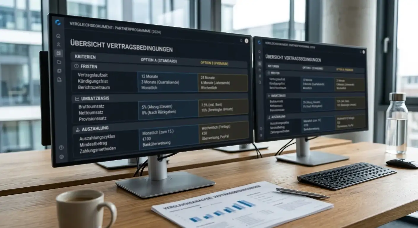 Vergleichsdokumente machen die Unterschiede bei Fristen, Umsatzbasis und Auszahlung nebeneinander sichtbar.