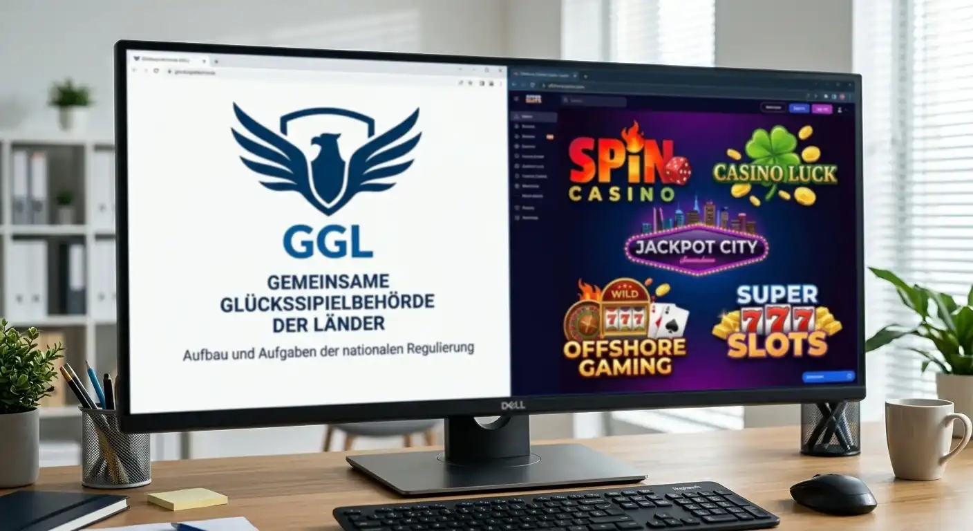 Geteilter Bildschirm mit GGL-Logo auf der linken Seite und Offshore-Casino-Symbolen auf der rechten Seite