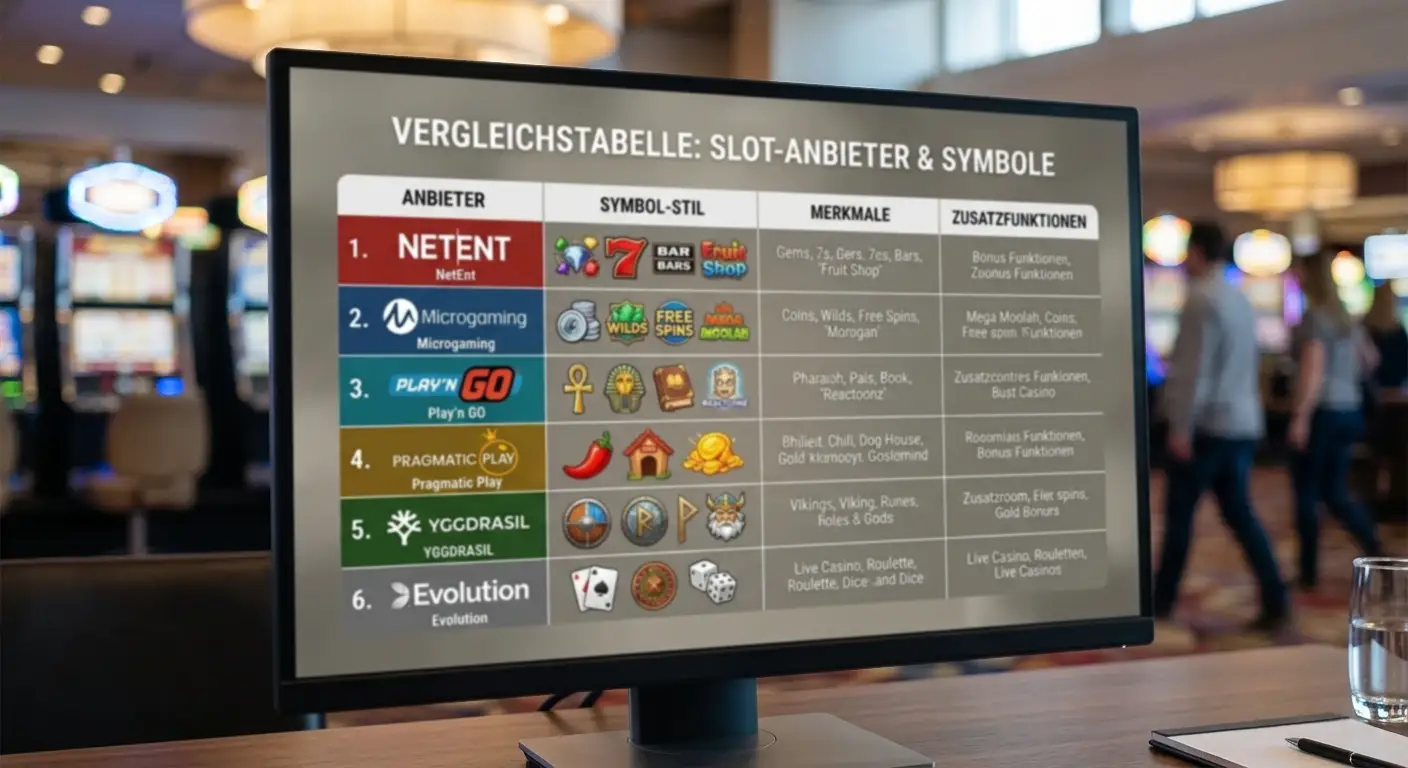 Vergleichstabelle von Anbieter-Logos auf neutralem Hintergrund mit Spielautomaten-Walzen-Symbolen