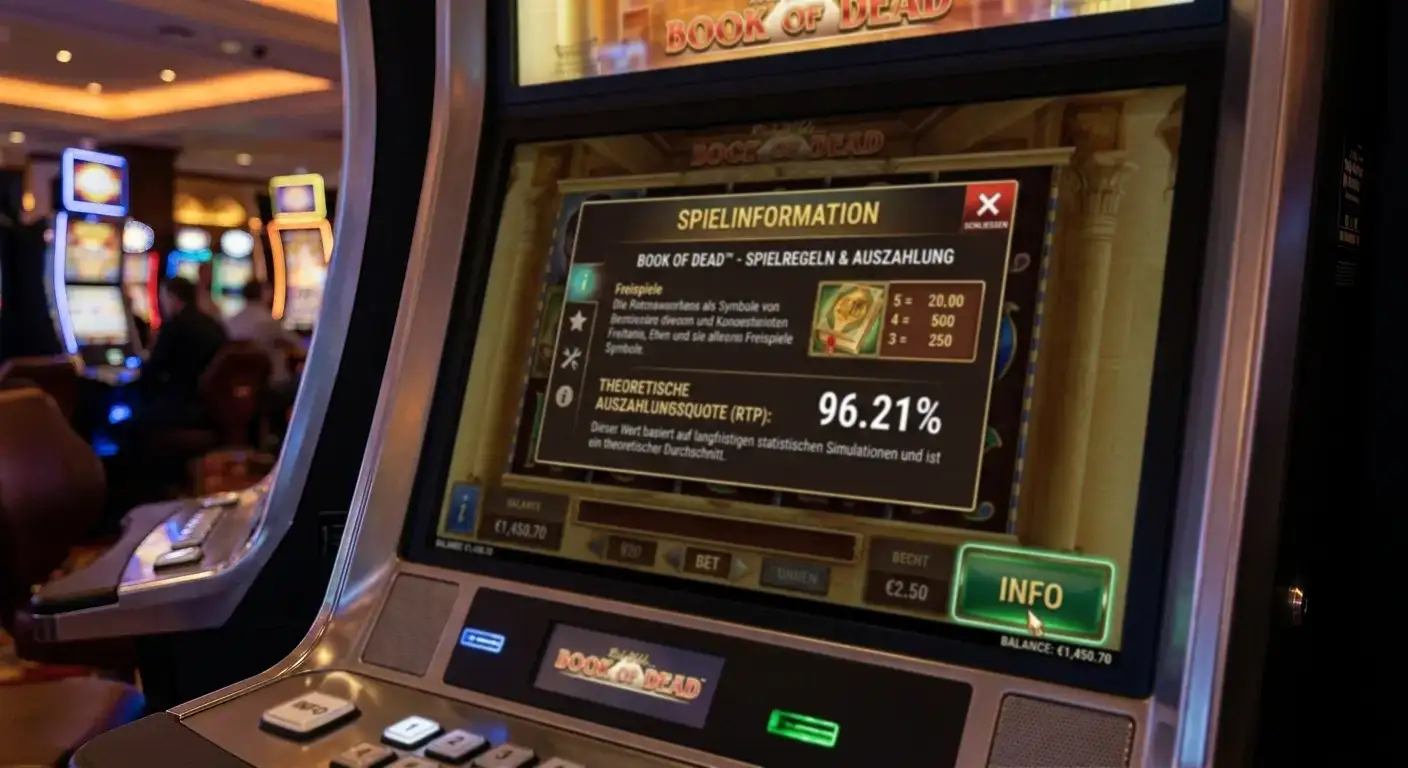 Info-Button im Book of Dead Spielfenster mit RTP-Anzeige