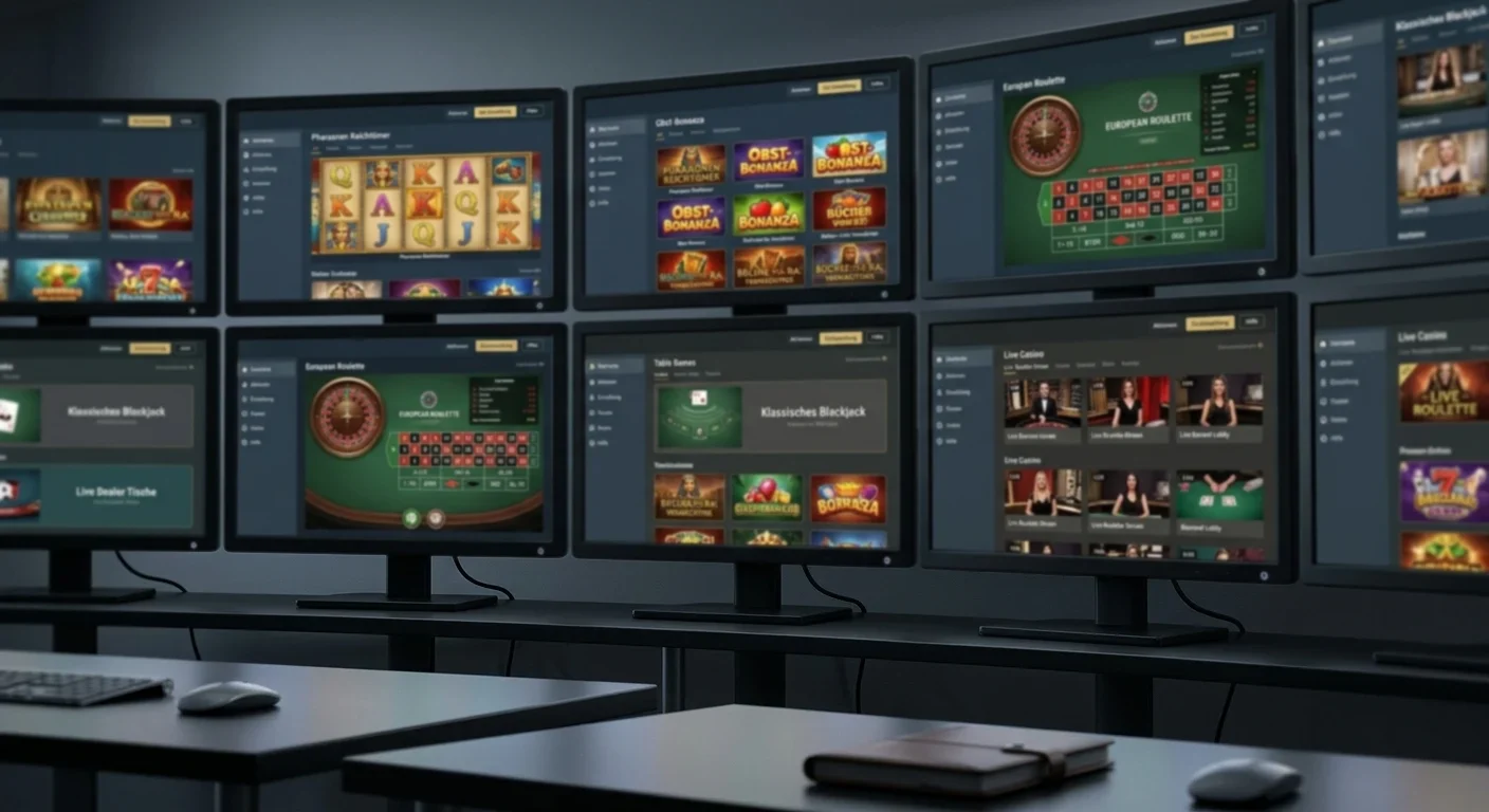 Übersichtsdarstellung mehrerer neutraler Casino-Oberflächen nebeneinander auf Bildschirmen