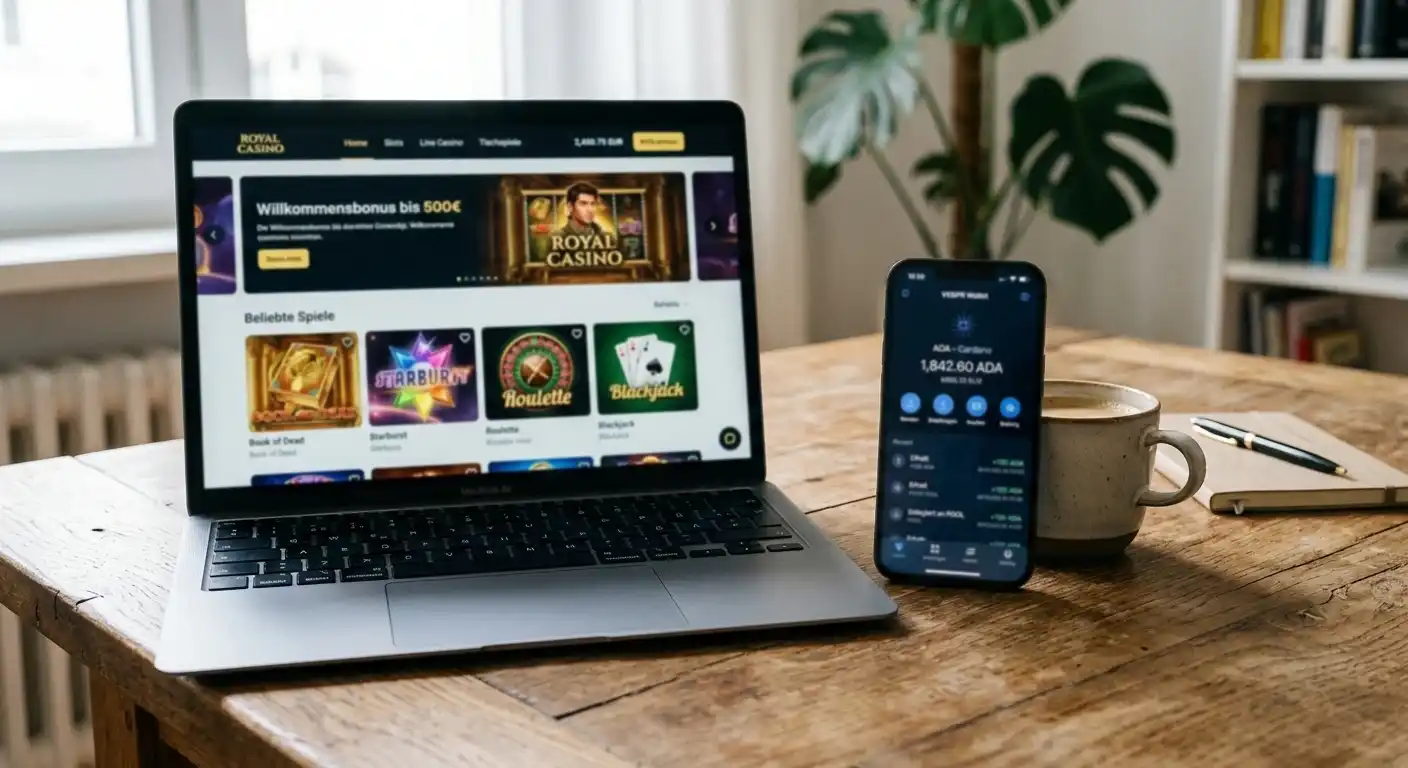 Laptop mit einer neutralen Casino-Oberfläche, daneben ein Smartphone mit einer Cardano-Wallet auf einem Holztisch bei Tageslicht