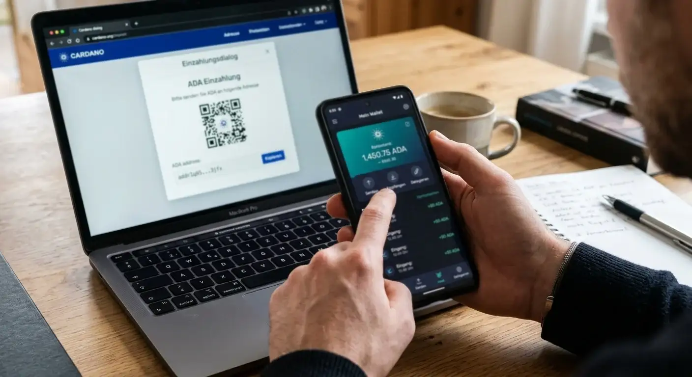 Hände halten ein Smartphone mit einer Cardano-Wallet-App, im Hintergrund ein Laptop mit Einzahlungsdialog