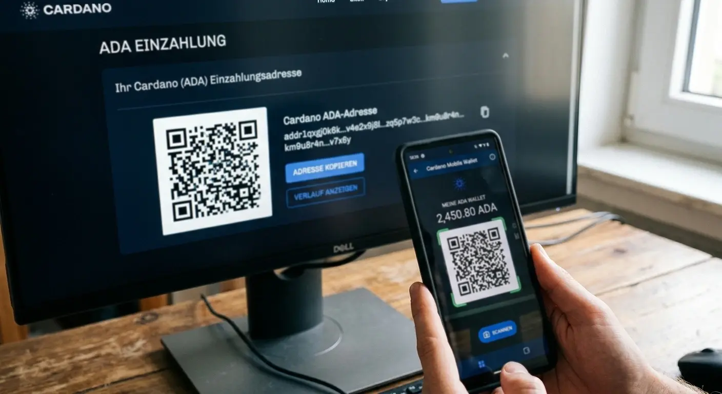 Nahaufnahme eines Einzahlungsbildschirms mit einer Cardano-Adresse und QR-Code neben einem Smartphone-Wallet