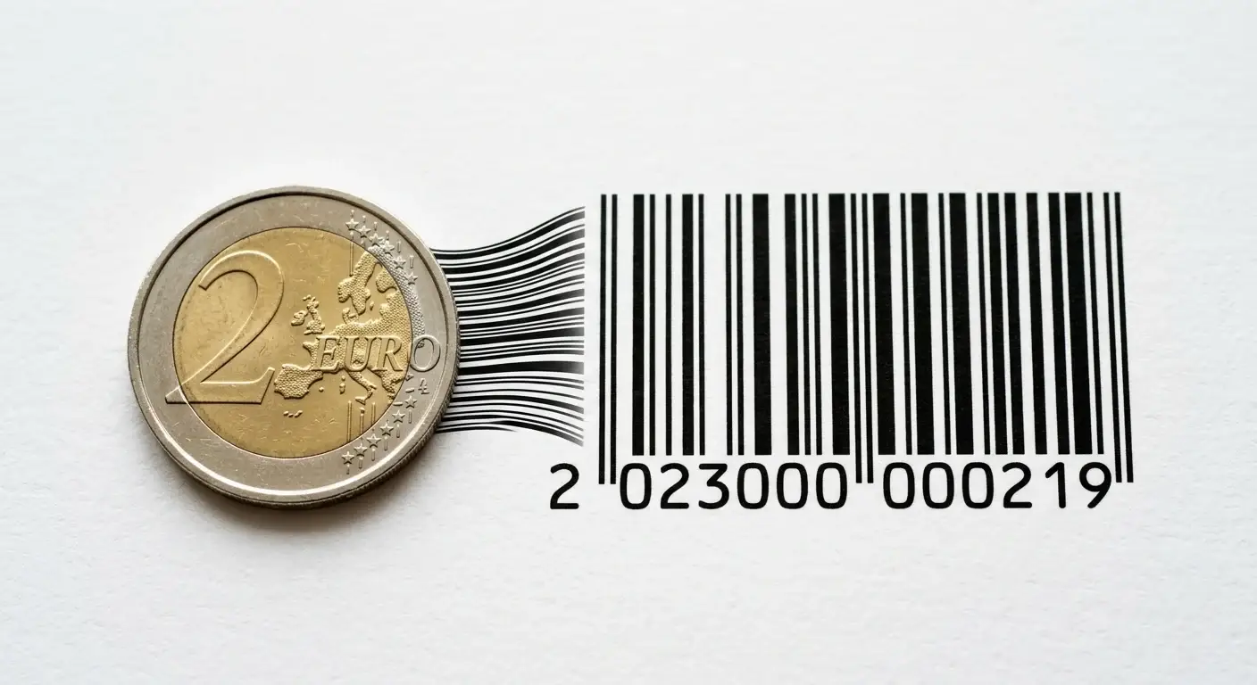 Abstrakte Verwandlung eines symbolischen Euro-Stücks in einen Barcode auf hellem Hintergrund