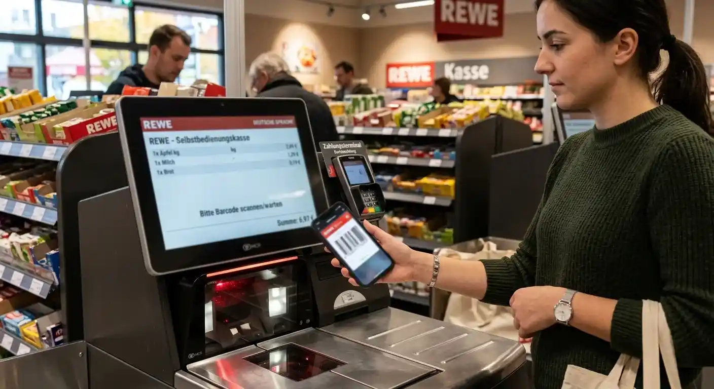 Smartphone mit Barcode wird an einem modernen Kassenterminal gescannt