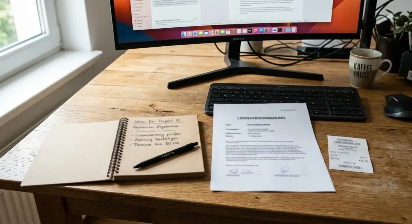 Schreibtisch mit geöffnetem Notizblock, Lizenzdokument und Zahlungsbeleg