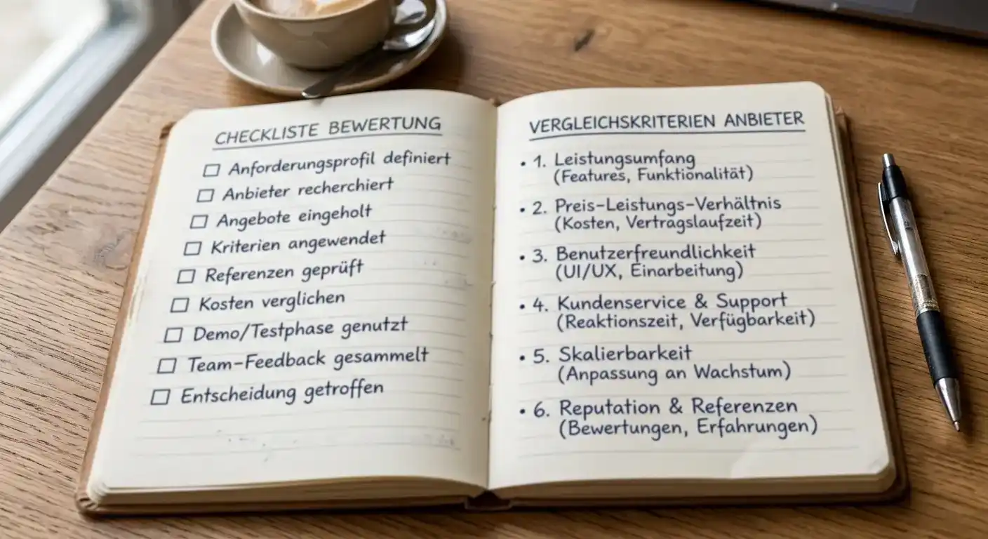 Notizbuch mit handschriftlichen Vergleichskriterien und neutraler Checkliste