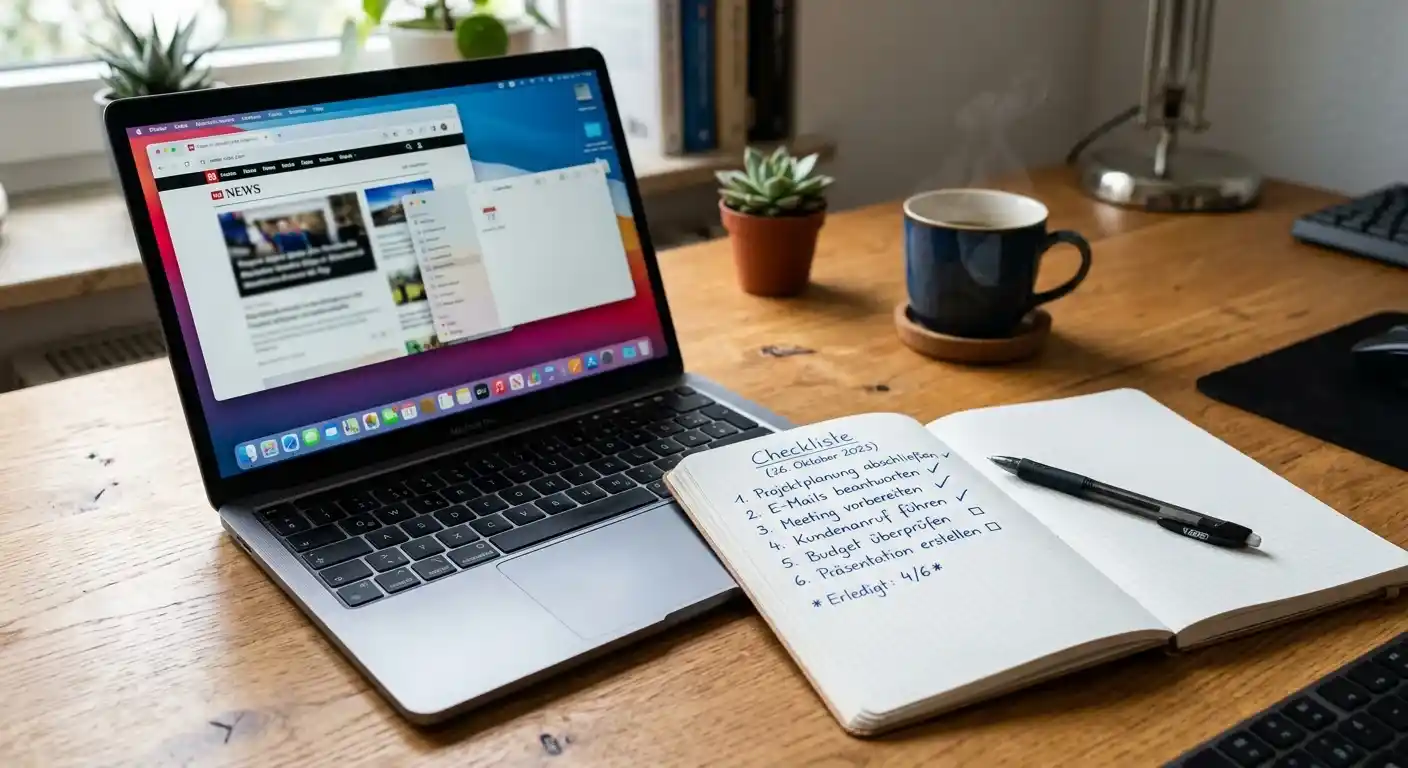 Checkliste mit Stift auf Schreibtisch neben Laptop