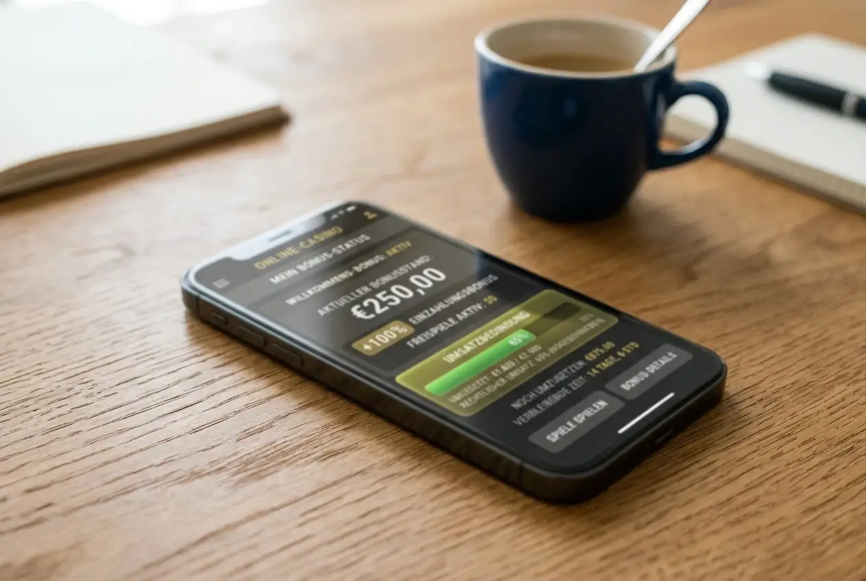 Bonus-Interface mit Prozentangaben und Umsatzbedingungen auf Bildschirm