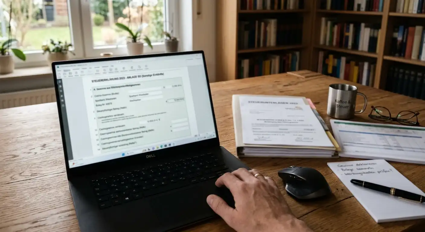 Ruhiger Schreibtisch mit Steuerunterlagen und Laptop zum Thema Casino-Gewinne versteuern