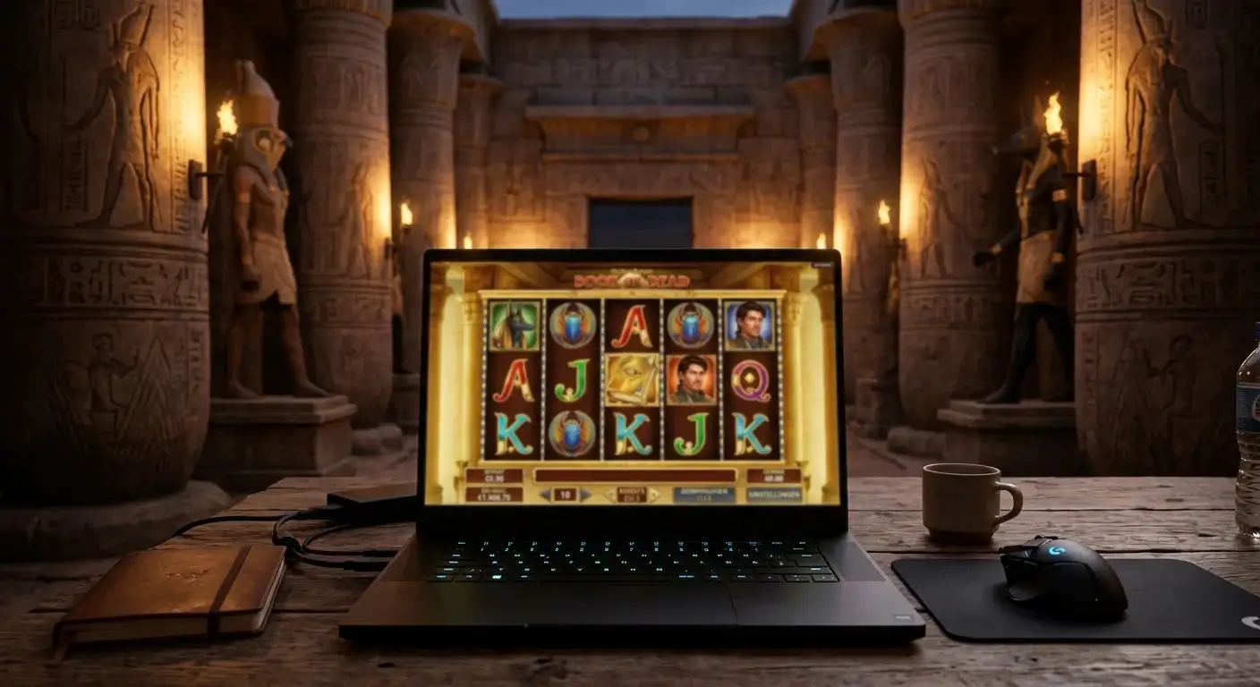 Book of Dead Spielautomat auf Laptop-Bildschirm mit ägyptischem Temple-Hintergrund