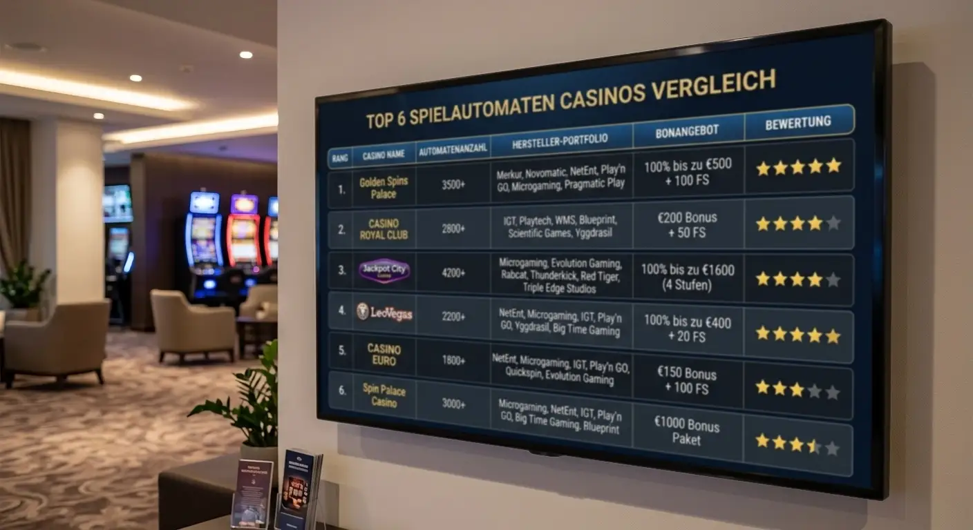 Vergleichstabelle der Top 6 Spielautomaten Casinos mit Automatenanzahl und Hersteller-Portfolio
