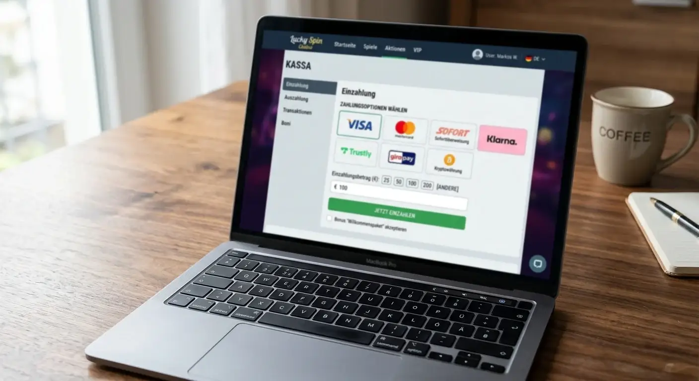 Laptop mit geöffneter Casino-Website und Zahlungsoptionen-Menü