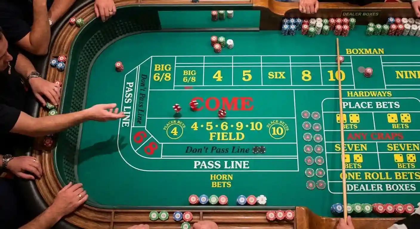 Overhead-Ansicht eines Craps-Tisches mit Würfeln in Bewegung und markierten Wettfeldern