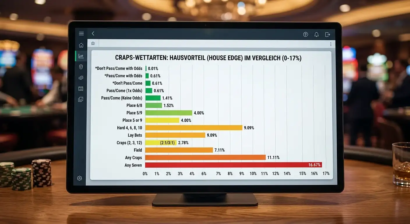 Balkendiagramm der Craps-Wettarten mit farblich markierter House Edge von null bis siebzehn Prozent