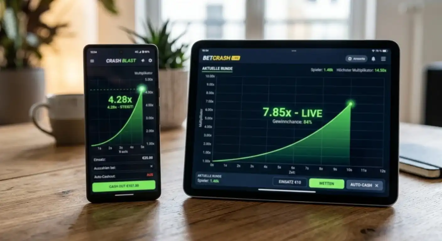 Smartphone und Tablet nebeneinander zeigen aufsteigende Crash-Game-Kurven auf den Displays