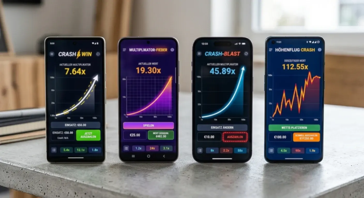 Vier Smartphone-Bildschirme zeigen unterschiedliche Crash-Game-Multiplikator-Kurven nebeneinander