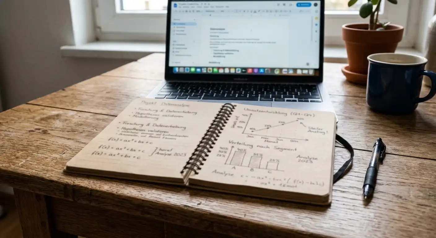 Notizbuch mit handgeschriebenen Notizen und skizzierten Graphen auf Holzschreibtisch, Laptop im Hintergrund
