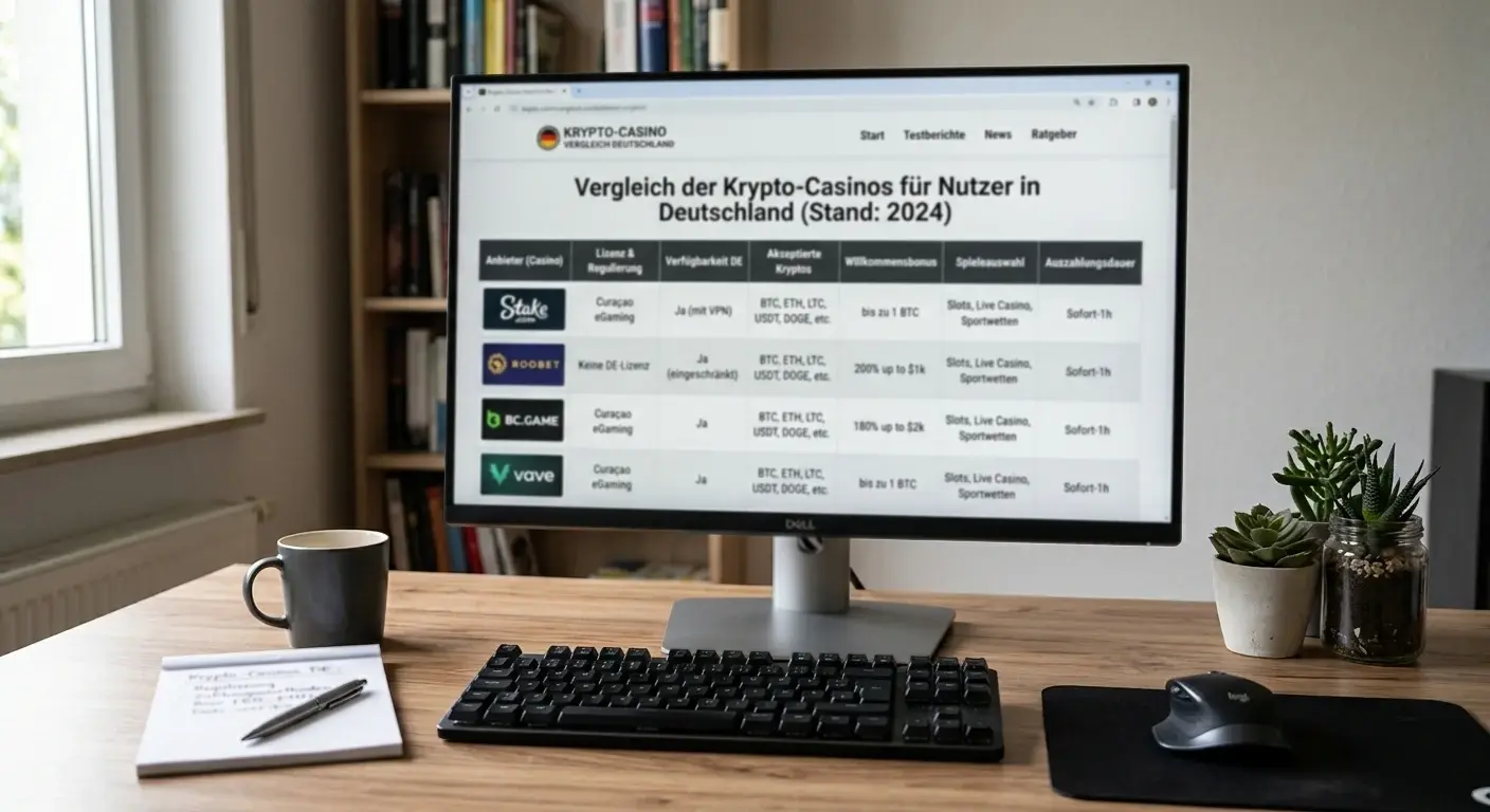 Nüchterner Vergleich der aus Deutschland nutzbaren Crypto Casinos am Schreibtisch