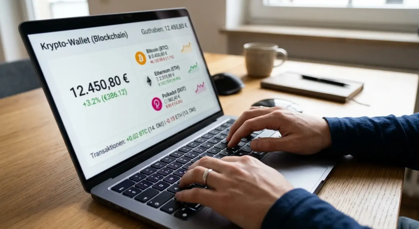 Hände tippen auf Laptop-Tastatur, Bildschirm zeigt Krypto-Wallet-Interface mit Blockchain-Symbolen