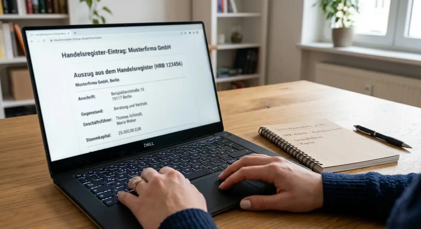 Hände am Laptop prüfen einen neutralen Handelsregister-Eintrag neben Notizblock