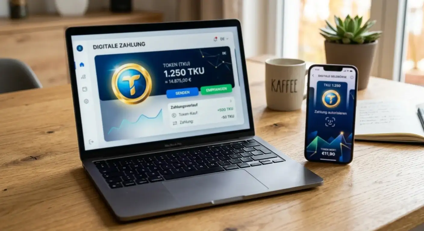 Laptop und Smartphone mit abstrakter Zahlungsoberfläche und einem neutralen Token