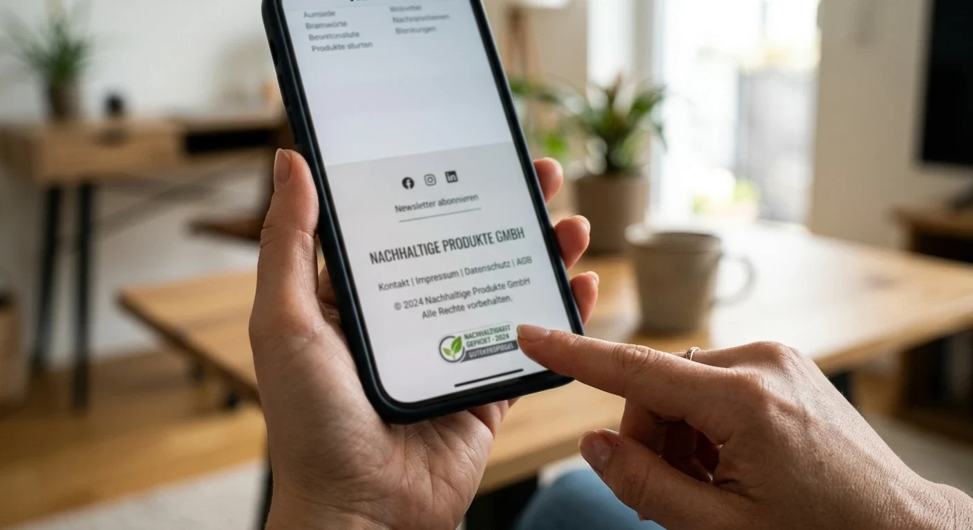 Smartphone zeigt einen neutralen Website-Footer mit kleinem Siegel, Finger deutet darauf