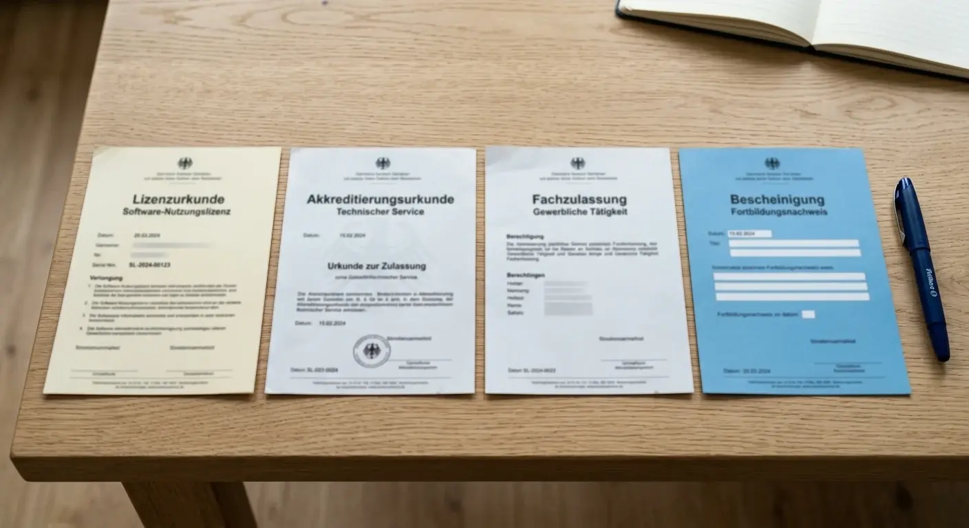 Vier neutrale Lizenzdokumente nebeneinander auf hellem Untergrund mit Stift