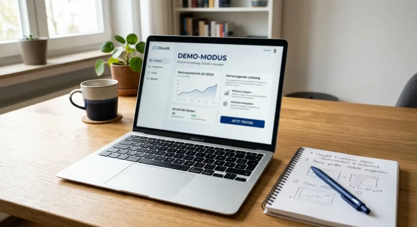 Laptop mit Demo-Modus und Notizblock auf Schreibtisch