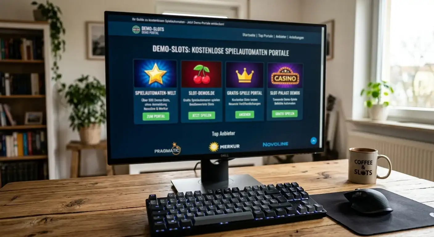 Auswahl an Demo-Portalen mit kostenlosen Spielautomaten auf einem Bildschirm