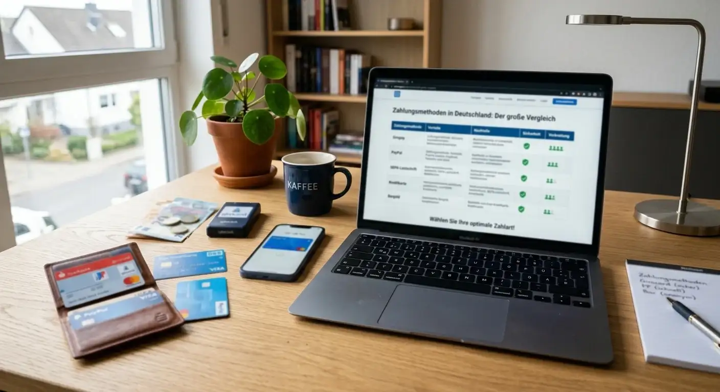 Vergleich deutscher Zahlungsmethoden am Schreibtisch mit Laptop