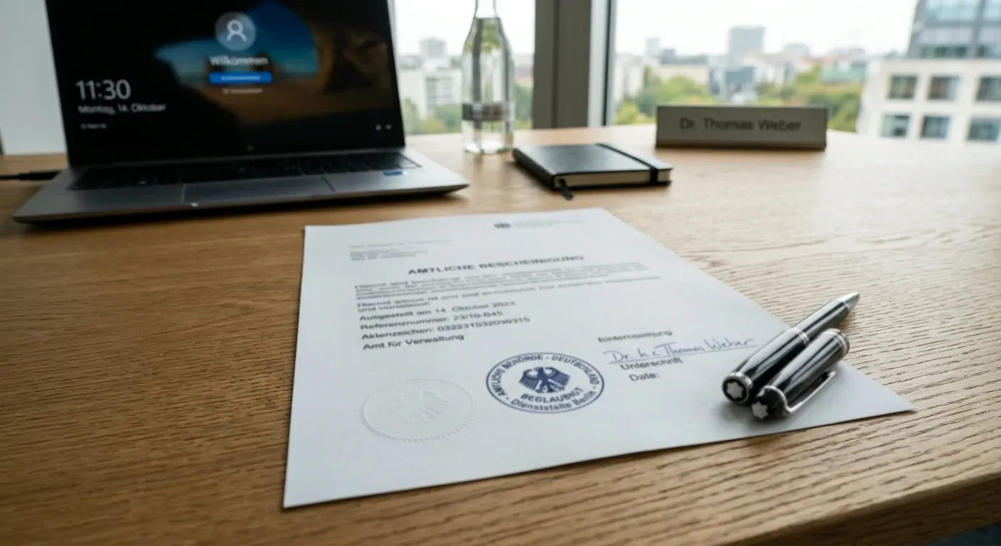 Büro-Schreibtisch mit offiziellem Dokument, neutralem Siegel und Stempel, Kugelschreiber daneben