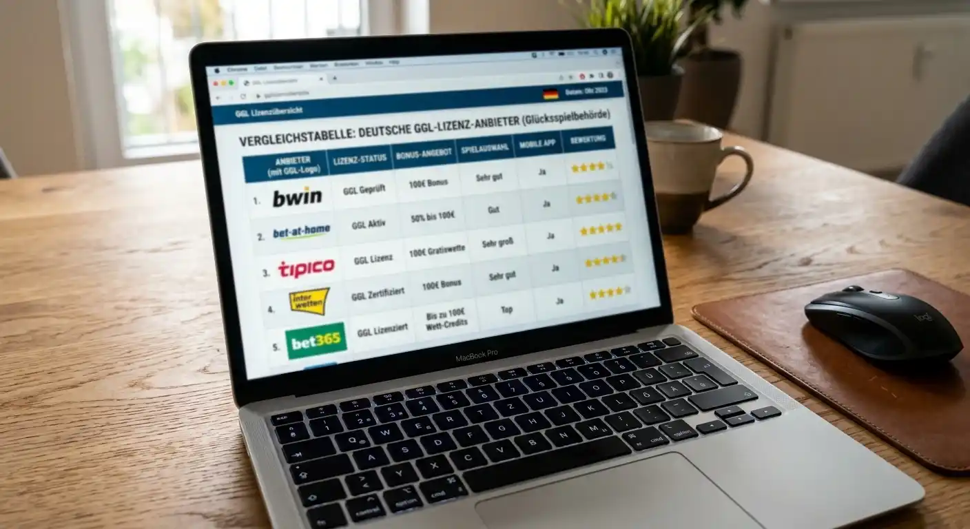 Vergleichstabelle der Anbieter mit deutscher GGL-Lizenz auf einem Laptop