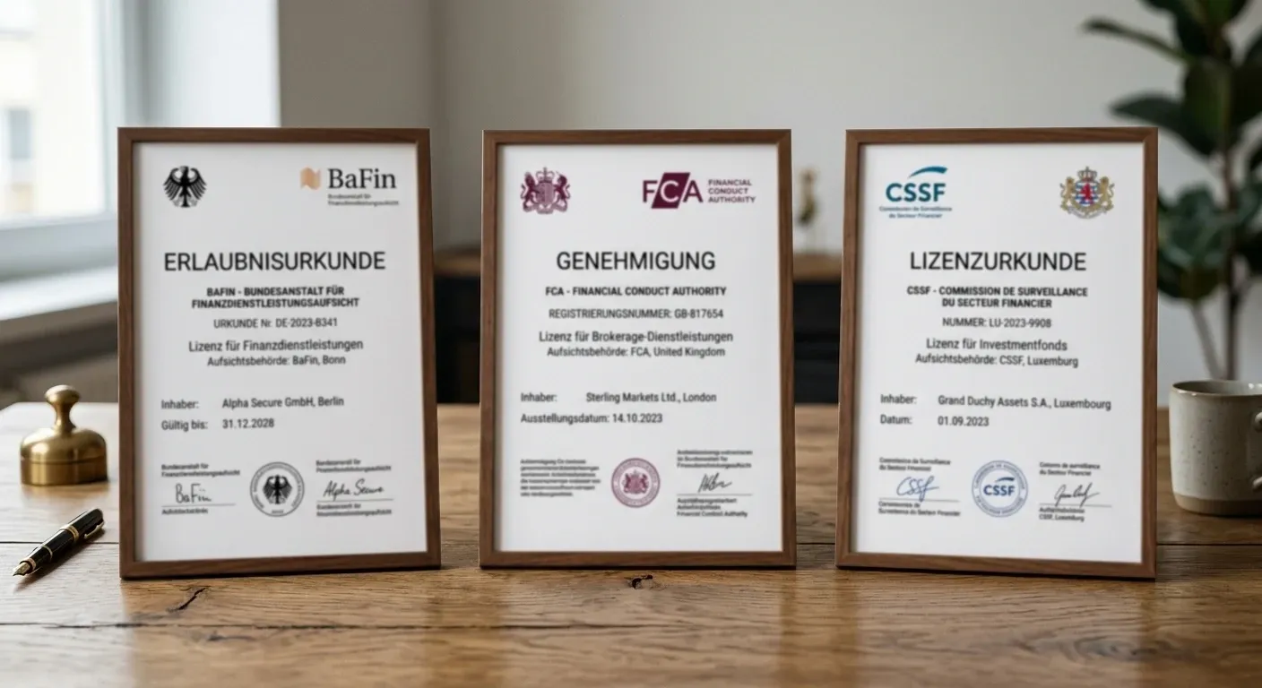 Drei neutrale Lizenzdokumente nebeneinander als Sinnbild für den Vergleich der Aufsichtsbehörden