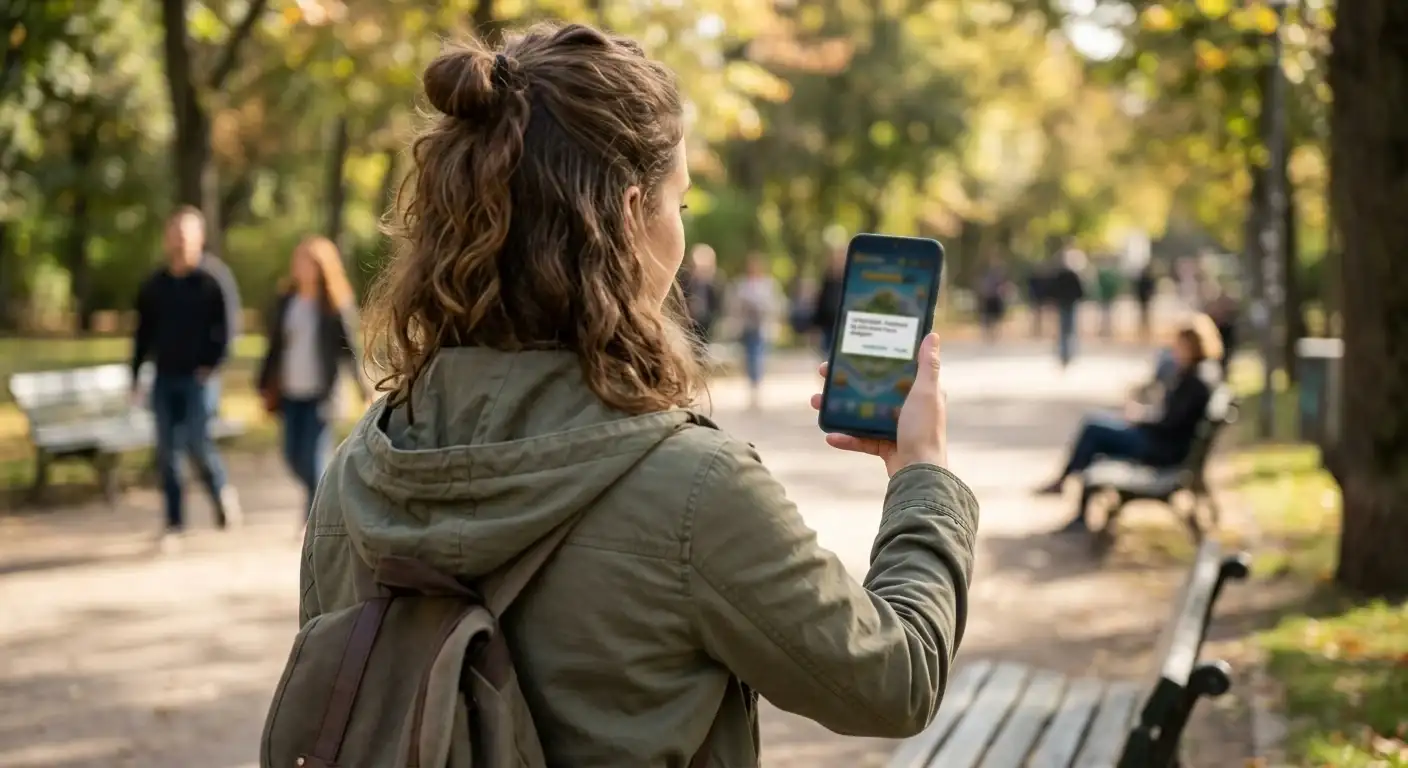 Person mit Smartphone und sichtbarer Spielpause-Benachrichtigung