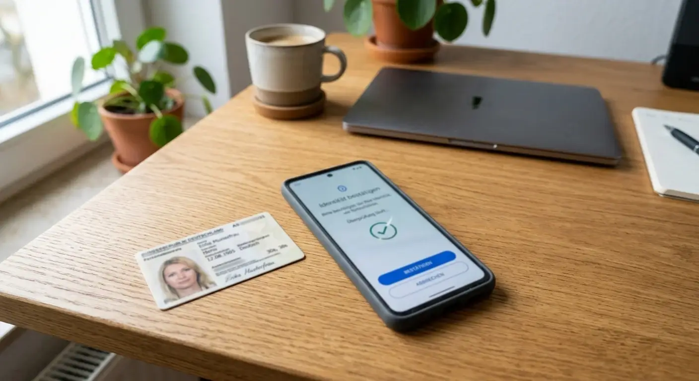 Neutraler Ausweis und Smartphone mit Verifizierungsdialog auf einem ruhigen Schreibtisch