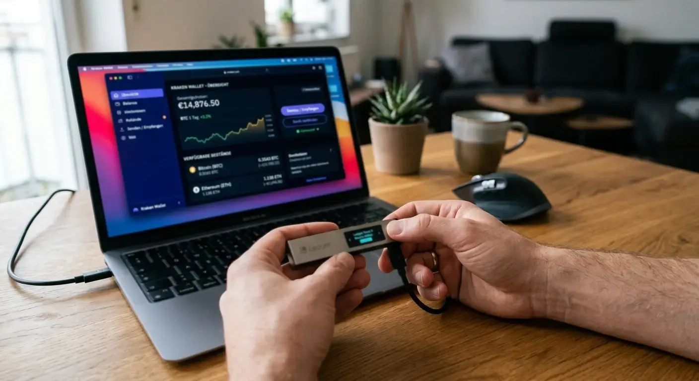 Hände halten eine Hardware-Wallet neben einem Laptop mit geöffneter Krypto-Wallet-Oberfläche