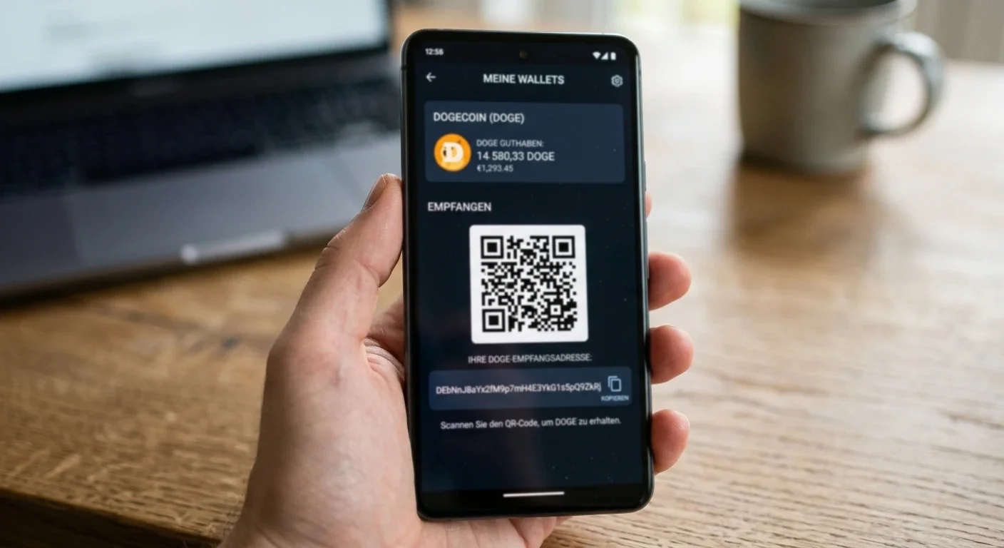 Nahaufnahme einer Blockchain-Wallet mit einer DOGE-Empfangsadresse und QR-Code auf einem Smartphone