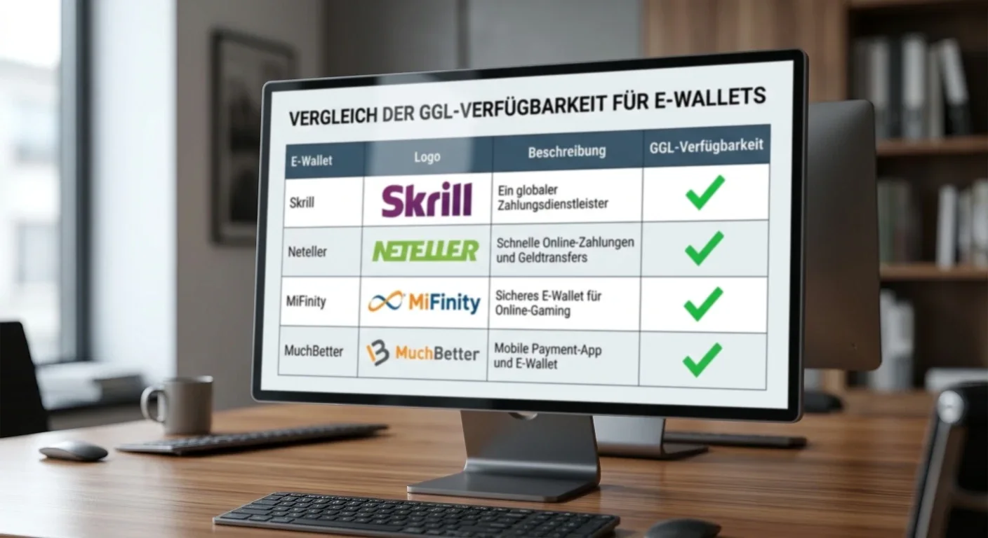 Vergleichstabelle mit E-Wallet-Logos: Skrill, Neteller, MiFinity, MuchBetter – jeweils mit Checkmarks bei GGL-Verfügbarkeit