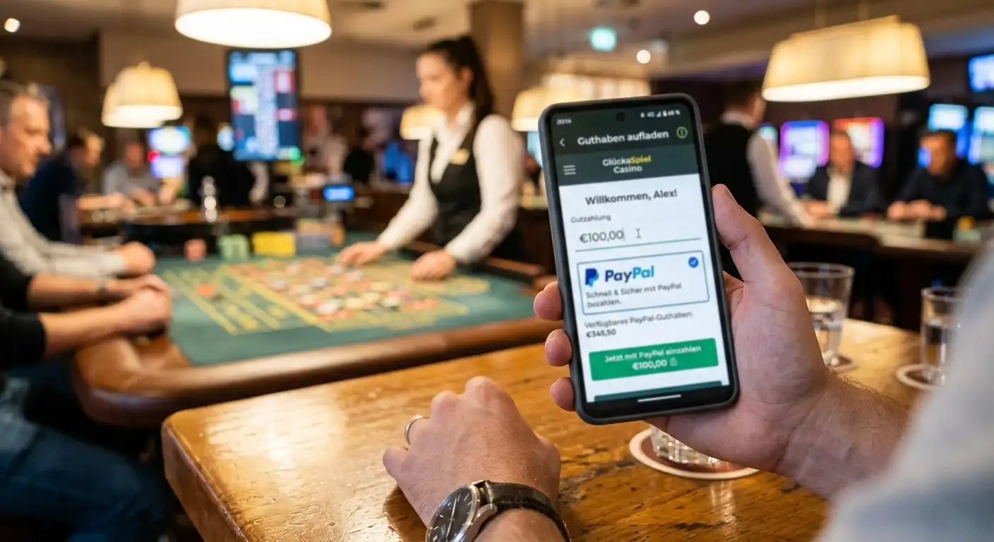 Smartphone in der Hand zeigt eine mobile Casino-App mit abstrakten Walzen
