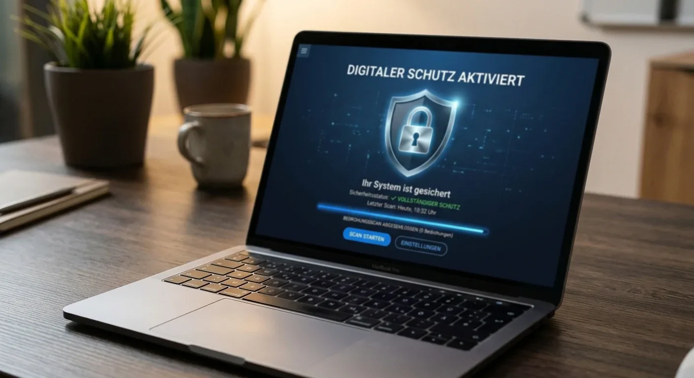 Laptop-Bildschirm mit Sicherheits-Schloss-Symbol und digitaler Schutzoberfläche