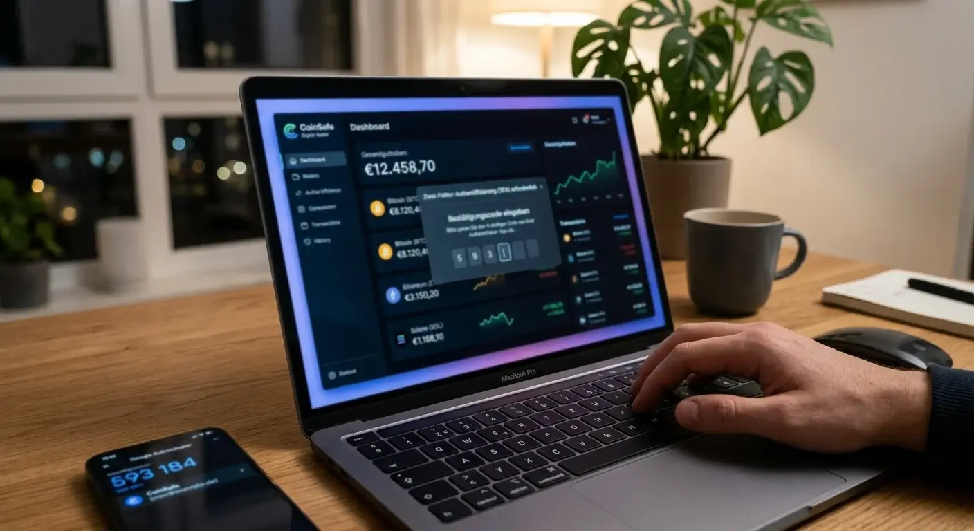 Laptop-Bildschirm mit Digital-Wallet-Dashboard und Zwei-Faktor-Authentifizierung