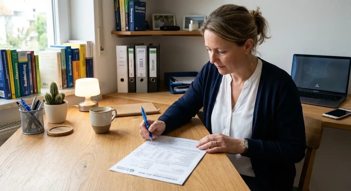 Person prüft an einem aufgeräumten Schreibtisch eine gedruckte Abrechnung mit handschriftlichen Notizen