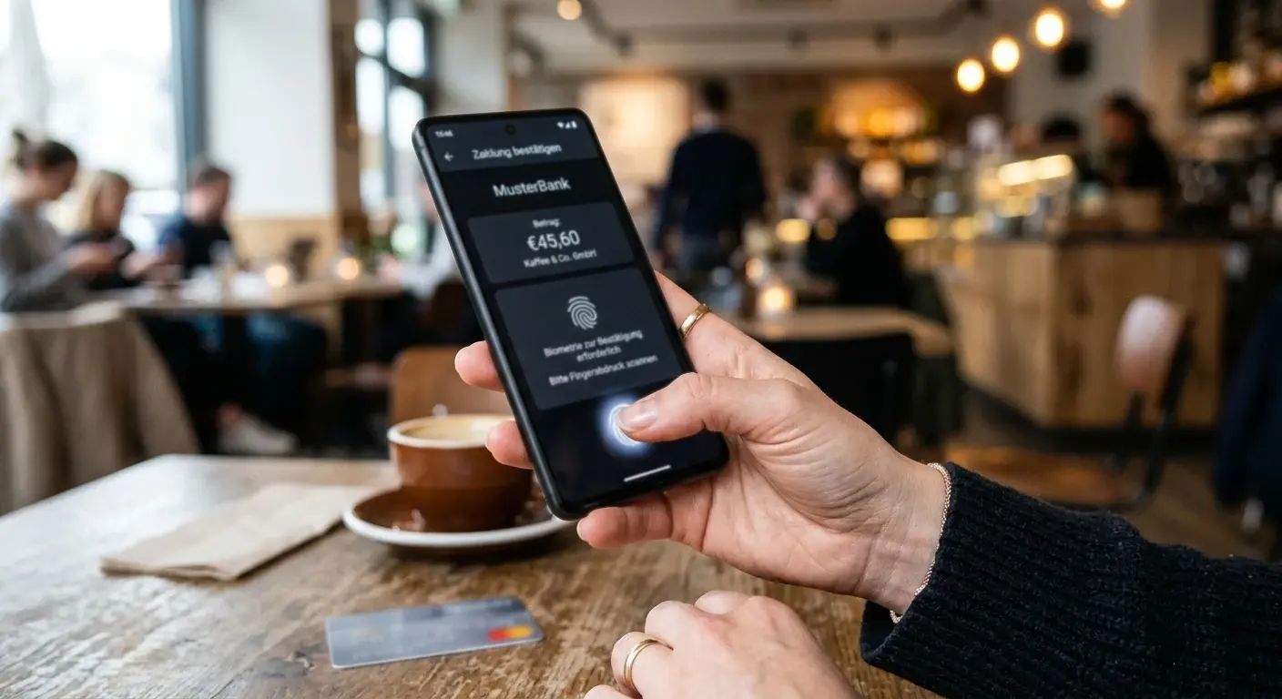 Person am Smartphone bestätigt eine Zahlung mit biometrischer Authentifizierung