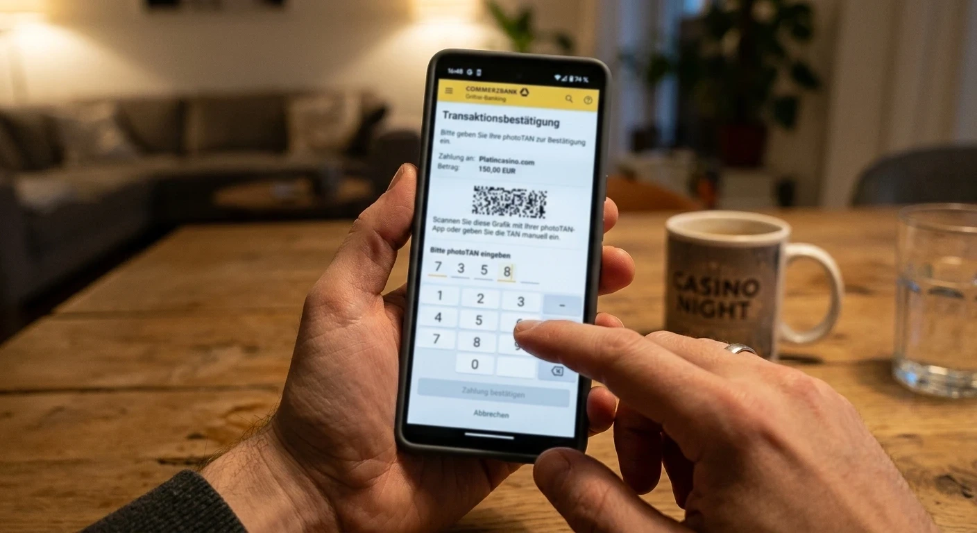 Smartphone mit Banking-App und TAN-Eingabemaske für Casino-Einzahlung