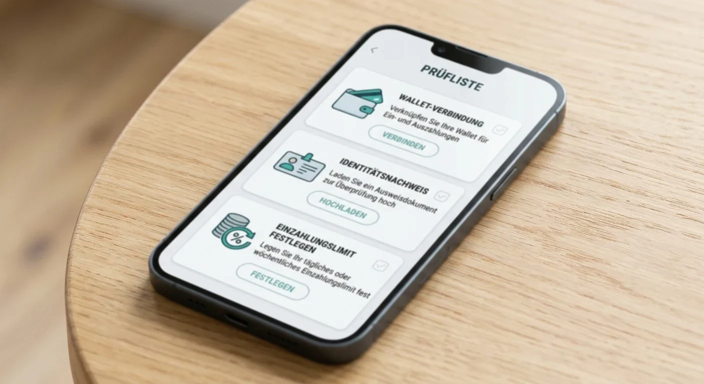Schlichte Prüfliste mit Wallet, Identität und Einzahlungslimit